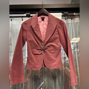 vintage y2k fang pink velvet blazer beaded brooch clasp jacket